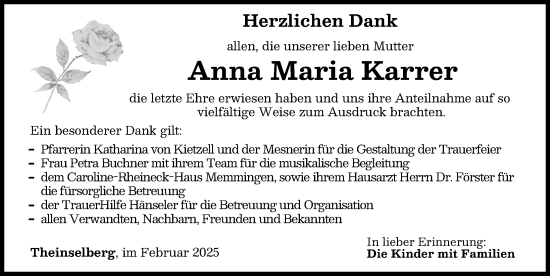 Traueranzeige von Anna Maria Karrer von Memminger Zeitung