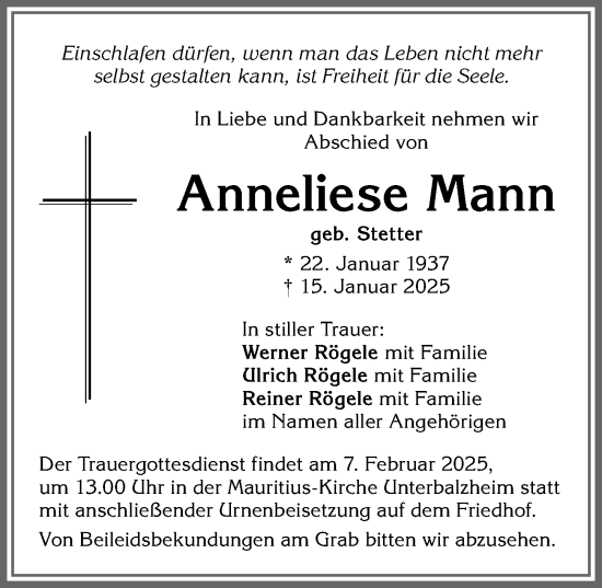 Traueranzeige von Anneliese Mann von Memminger Zeitung