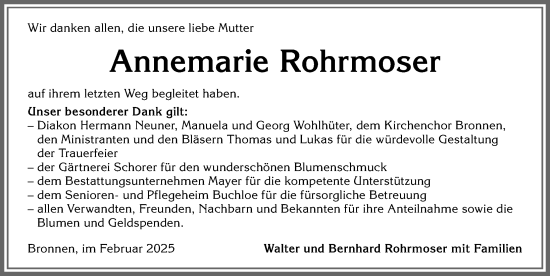 Traueranzeige von Annemarie Rohrmoser von Allgäuer Zeitung, Kaufbeuren/Buchloe