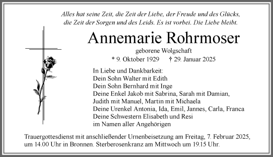 Traueranzeige von Annemarie Rohrmoser von Allgäuer Zeitung, Kaufbeuren/Buchloe
