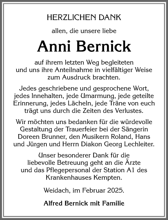 Traueranzeige von Anni Bernick von Allgäuer Zeitung,Kempten