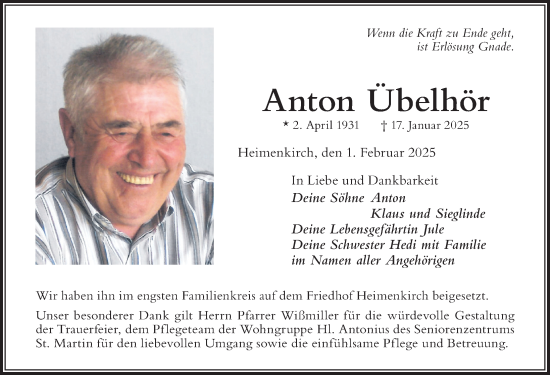 Traueranzeige von Anton Übelhör von Der Westallgäuer