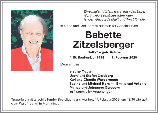 Traueranzeige von Babette Zitzelsberger von Memminger Zeitung