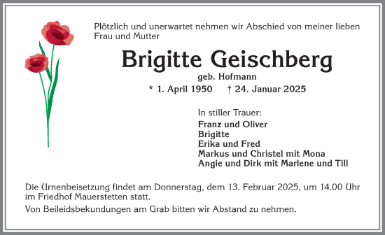 Traueranzeige von Brigitte Geischberg von Allgäuer Zeitung, Kaufbeuren/Buchloe