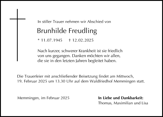 Traueranzeige von Brunhilde Freudling von Memminger Zeitung