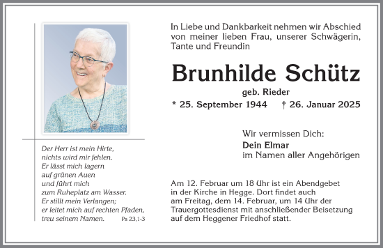 Traueranzeige von Brunhilde Schütz von Allgäuer Zeitung,Kempten