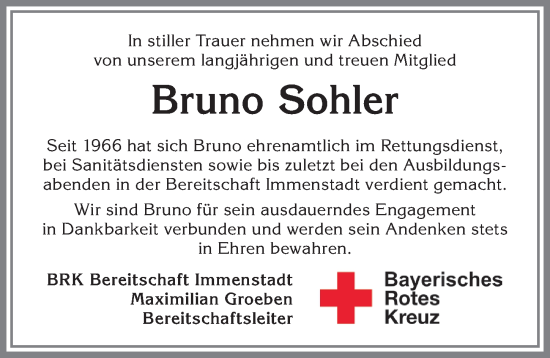 Traueranzeige von Bruno Sohler von Allgäuer Anzeigeblatt