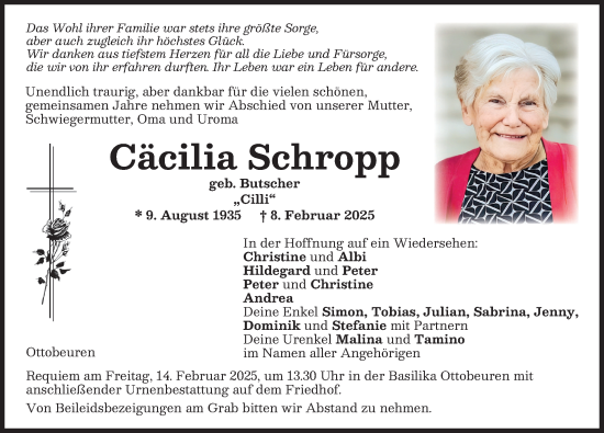 Traueranzeige von Cäcilia Schropp von Memminger Zeitung