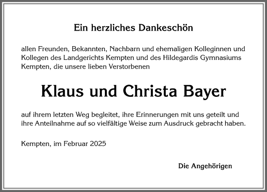 Traueranzeige von Christa Bayer von Allgäuer Zeitung, Gesamtausgabe