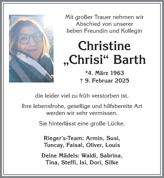 Traueranzeige von Christine Barth von Allgäuer Anzeigeblatt