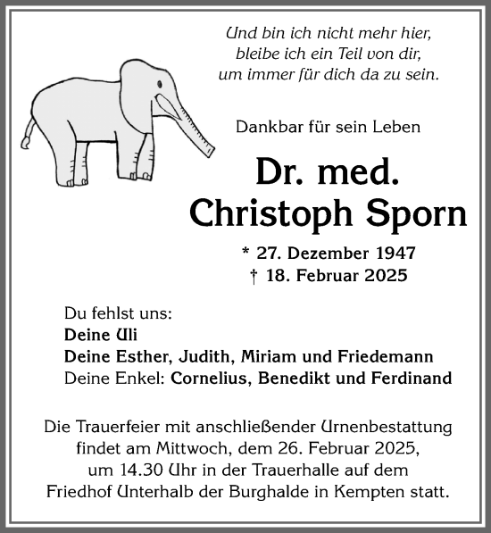 Traueranzeige von Christoph Sporn von Allgäuer Zeitung,Kempten