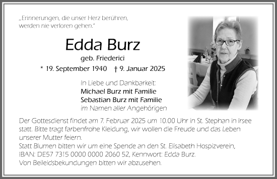 Traueranzeige von Edda Burz von Allgäuer Zeitung, Kaufbeuren/Buchloe