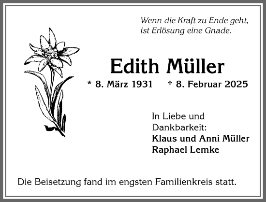 Traueranzeige von Edith Müller von Allgäuer Anzeigeblatt