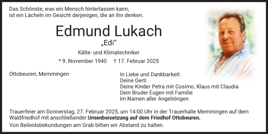 Traueranzeige von Edmund Lukach von Memminger Zeitung