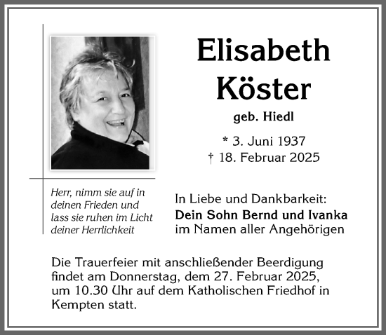 Traueranzeige von Elisabeth Köster von Allgäuer Zeitung,Kempten