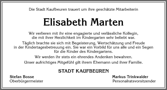 Traueranzeige von Elisabeth Marten von Allgäuer Zeitung, Kaufbeuren/Buchloe
