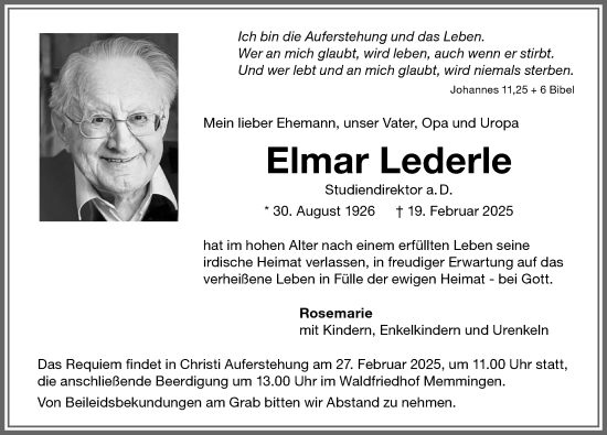 Traueranzeige von Elmar Lederle von Memminger Zeitung