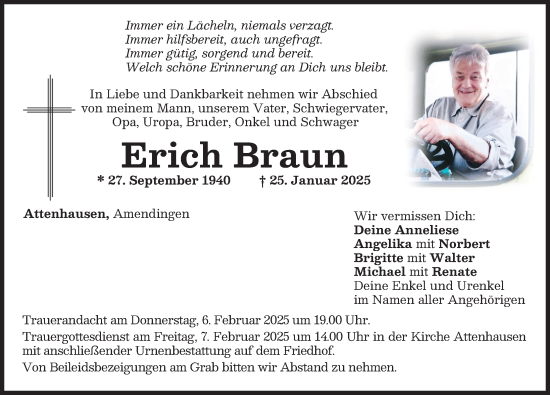 Traueranzeige von Erich Braun von Memminger Zeitung
