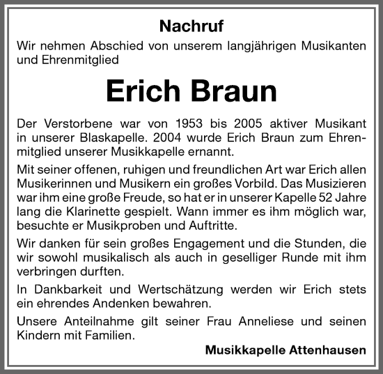 Traueranzeige von Erich Braun von Memminger Zeitung