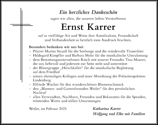 Traueranzeige von Ernst Karrer von Der Westallgäuer