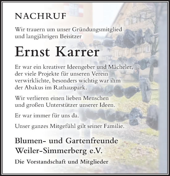 Traueranzeige von Ernst Karrer von Der Westallgäuer