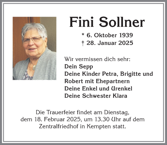 Traueranzeige von Fini Sollner von Allgäuer Zeitung, Marktoberdorf