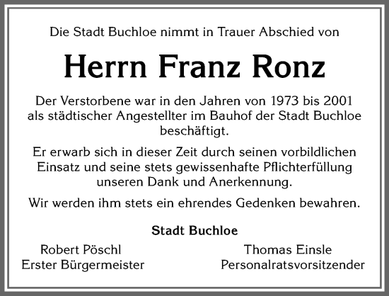 Traueranzeige von Franz Ronz von Allgäuer Zeitung, Kaufbeuren/Buchloe