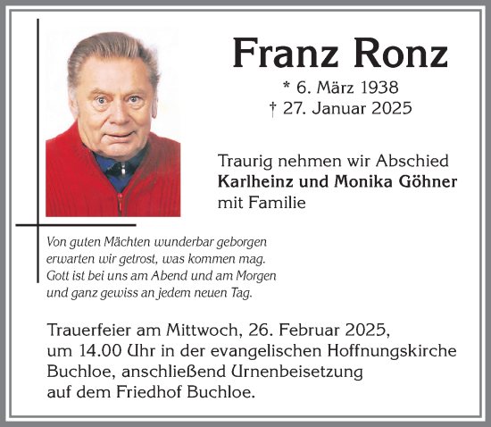 Traueranzeige von Franz Ronz von Allgäuer Zeitung, Kaufbeuren/Buchloe