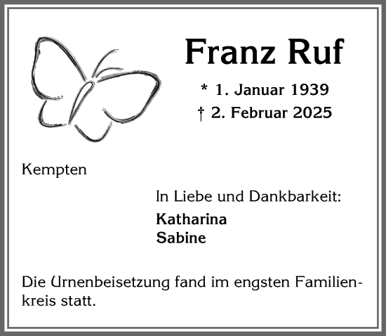 Traueranzeige von Franz Ruf von Allgäuer Zeitung,Kempten
