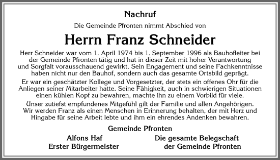 Traueranzeige von Franz Schneider von Allgäuer Zeitung, Füssen