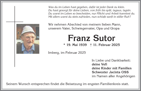 Traueranzeige von Franz Sutor von Allgäuer Anzeigeblatt