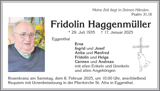 Traueranzeige von Fridolin Haggenmüller von Allgäuer Zeitung, Kaufbeuren/Buchloe