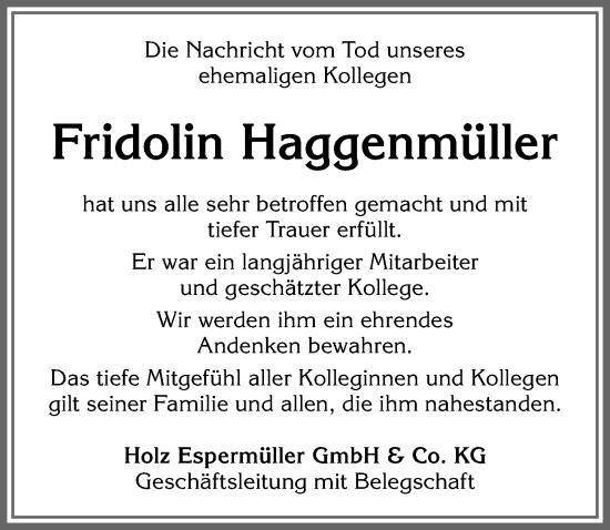 Traueranzeige von Fridolin Haggenmüller von Allgäuer Zeitung, Kaufbeuren/Buchloe