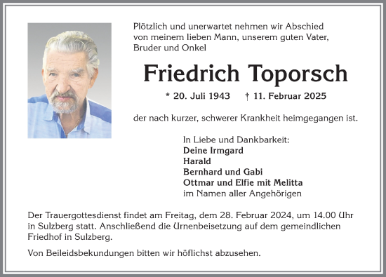 Traueranzeige von Friedrich Toporsch von Allgäuer Zeitung,Kempten