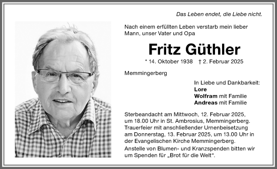 Traueranzeige von Fritz Güthler von Memminger Zeitung