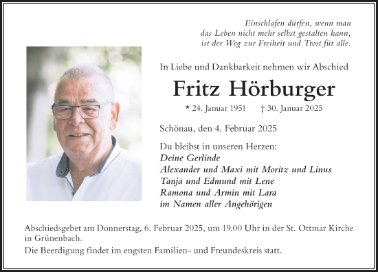 Traueranzeige von Fritz Hörburger von Der Westallgäuer