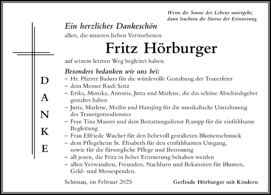 Traueranzeige von Fritz Hörburger von Der Westallgäuer