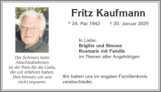 Traueranzeige von Fritz Kaufmann von Allgäuer Zeitung, Marktoberdorf