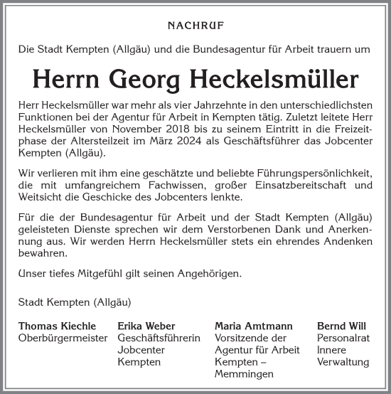 Traueranzeige von Georg Heckelsmüller von Allgäuer Zeitung,Kempten