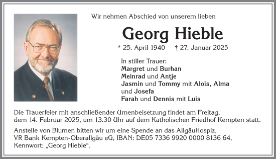 Traueranzeige von Georg Hieble von Allgäuer Zeitung,Kempten