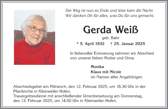Traueranzeige von Gerda Weiß von Allgäuer Zeitung,Kempten