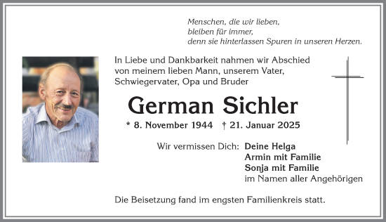 Traueranzeige von German Sichler von Allgäuer Anzeigeblatt
