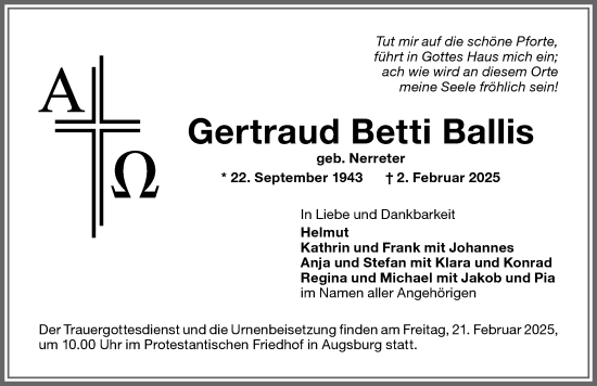 Traueranzeige von Gertraud Betti Ballis von Memminger Zeitung