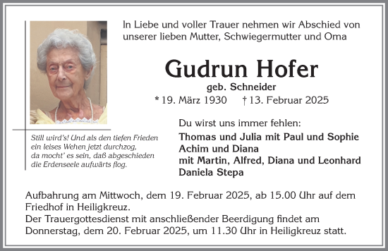 Traueranzeige von Gudrun Hofer von Allgäuer Zeitung,Kempten