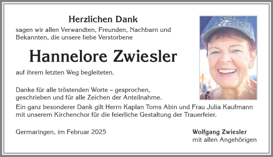 Traueranzeige von Hannelore Zwiesler von Allgäuer Zeitung, Kaufbeuren/Buchloe