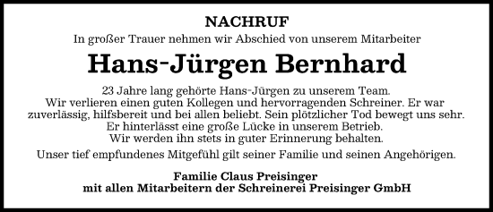 Traueranzeige von Hans-Jürgen Bernhard von Allgäuer Zeitung, Marktoberdorf