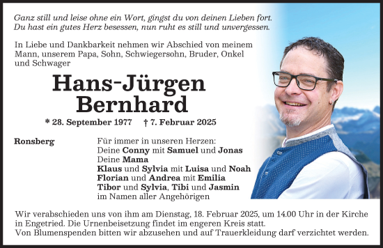 Traueranzeige von Hans-Jürgen Bernhard von Allgäuer Zeitung, Marktoberdorf