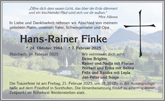 Traueranzeige von Hans-Rainer Finke von Allgäuer Anzeigeblatt