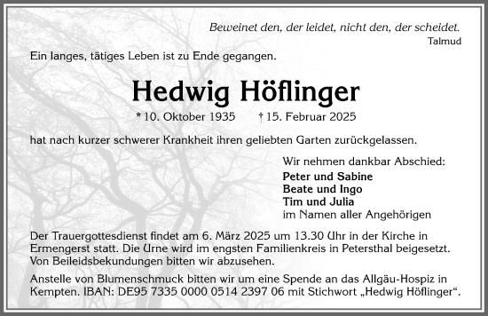 Traueranzeige von Hedwig Höflinger von Allgäuer Zeitung,Kempten
