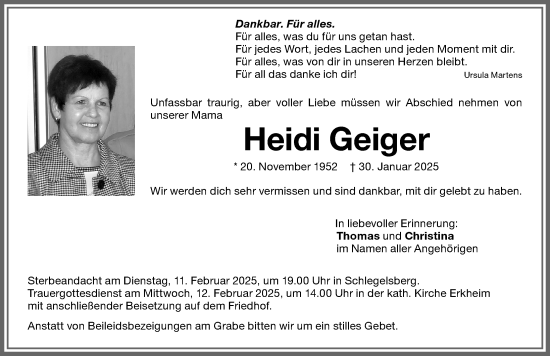 Traueranzeige von Heidi Geiger von Memminger Zeitung